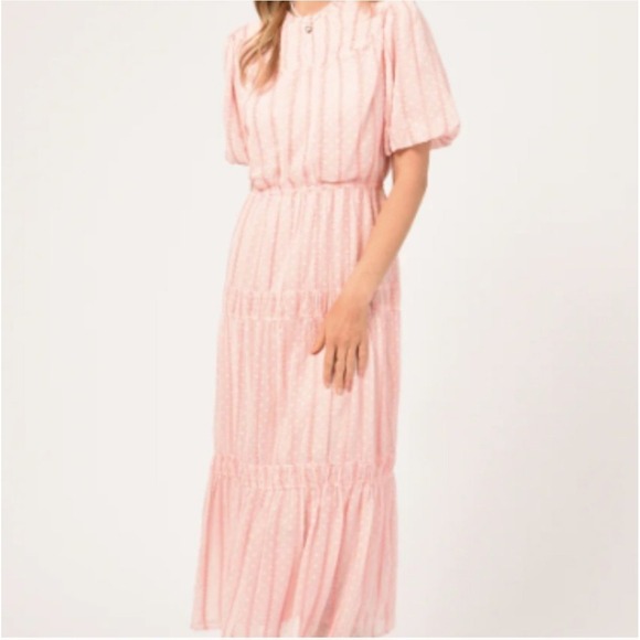 Adelyn Rae Maxi Dress Tiered Ruffle‎ Puff Sleeve Pink Polka Dot M - Picture 1 of 9